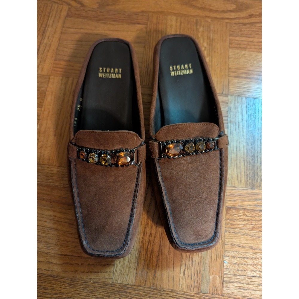 Stuart Weitzman Suede Loafers Brown Jeweled Preppy Block Heel Size 7.5 Y2K 7 1/2